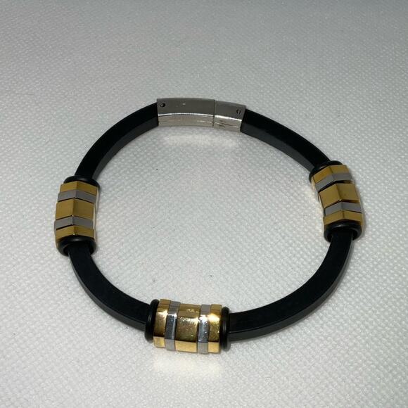 BLACK RUBBER GOLD SILVER STAINLESS STEEL BEADS CLASP BANGLE BRACELET 3” - Picture 1 of 8